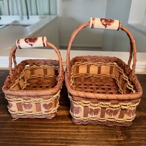 Vintage Cottagecore Wicker Basket Set Heart Glass Handle Holder Grannycore Decor